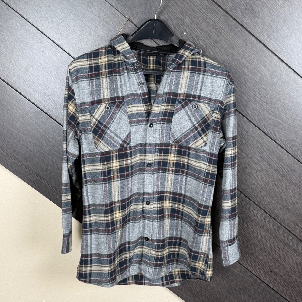 Burnside Boys Large 14-16 Hooded Flannel Shirt Light Gray Plaid Snap Grunge